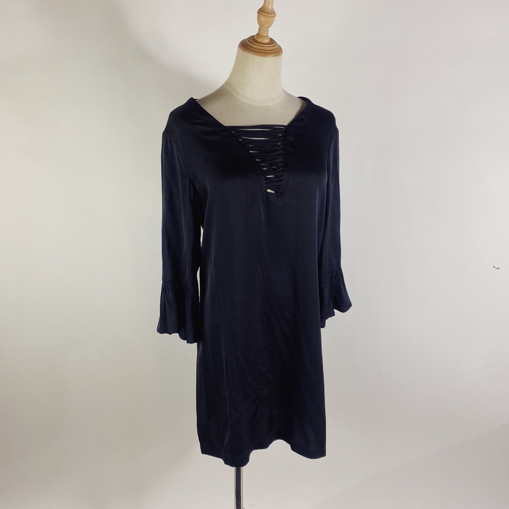 GYPSY 05 Silk Stretch Lace Neck 3/4 Sleeve Black Shift Dress XS